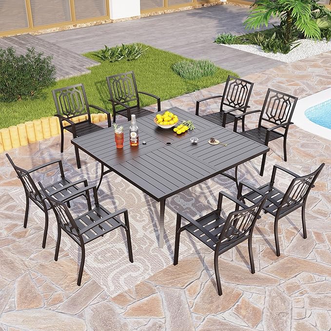 PHI VILLA 9-Piece Outdoor Dining Set, Square Metal Table (60") with Umbrella Hole and 8 Stackable Dining Chairs – Perfect for Patio, Garden, Deck, Porch, and Yard, 9PCS Outdoor Dining Set Style 2