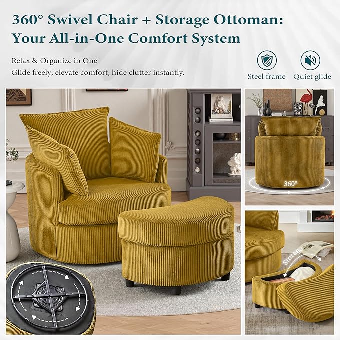 Swivel Accent Chair with Ottoman Comfy Reading Chairs for Bedroom Modern Corduroy Arm Chair 360°Swivel Barrel Chairs for Living Room,Apartment (Yellow, 2)