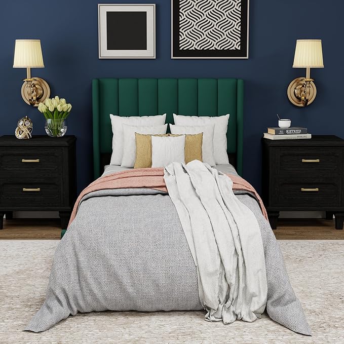 Upholstered Platform Twin Size Bed Frame with Headboard Wooden Slats Support No Noise Easy Assembly Green Velvet