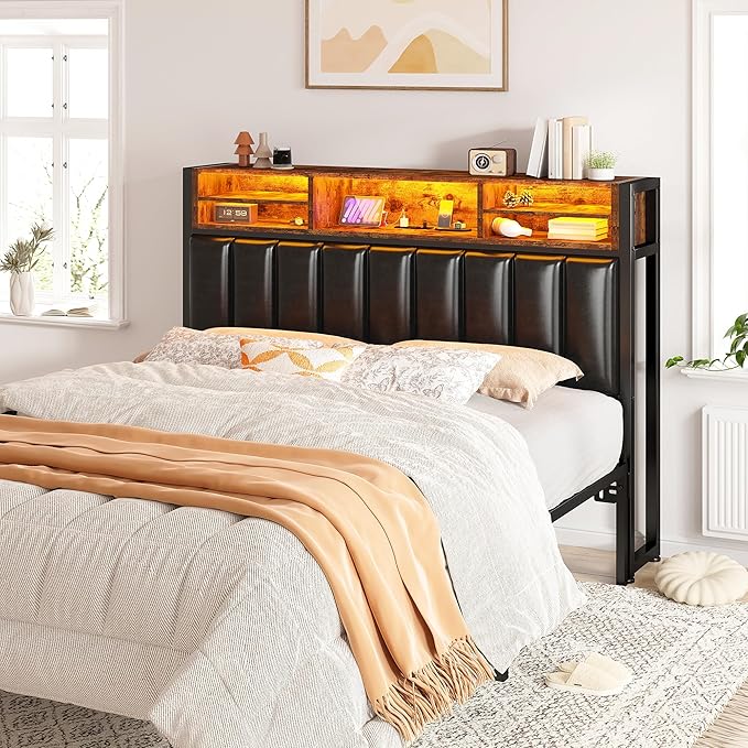 EnHomee Headboard Full Size Bed with Charging Port, Full Size Head Board with LED Light, with Storage Shelf, Headboard Only Upholstered for Bedroom