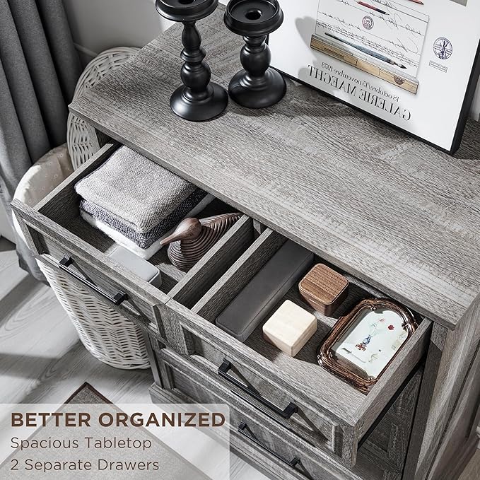 6 Drawer Dresser, Farmhouse Chest of Drawers for Bedroom, 44" Tall Dresser with Large Metal Handles, Wood Drawer Organizer for Living Room, Hallway, Closet - Grey