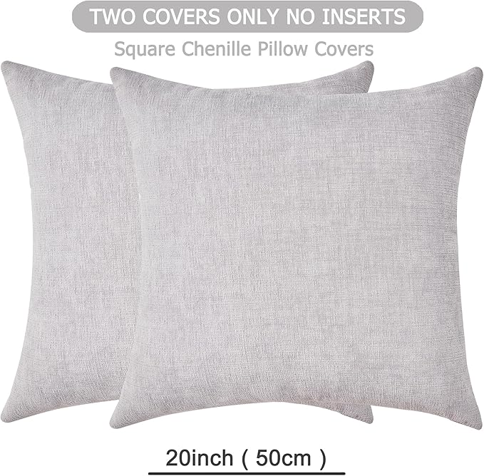 GAWAMAY Decorative Square Throw Pillow Covers 20"x20" Inch Set of 2, Super Soft Chenille Pillows Farmhouse Fall Pillowcase for Living Room Bedroom Sofa Couch Cushion Cover Light Grey 50x50cm