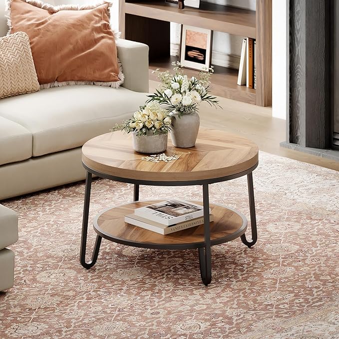 32" Round Coffee Table, Circle Coffee Table for Living Room with 2-Tier Storage Shelves, Design Accent Center Table with Wood Grain Desktop, Easy to Assemble
