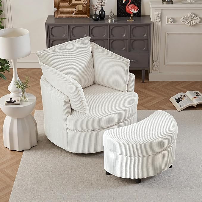 Swivel Accent Chair with Ottoman Comfy Reading Chairs for Bedroom Modern Corduroy Arm Chair 360°Swivel Barrel Chairs for Living Room,Apartment (White, 1)