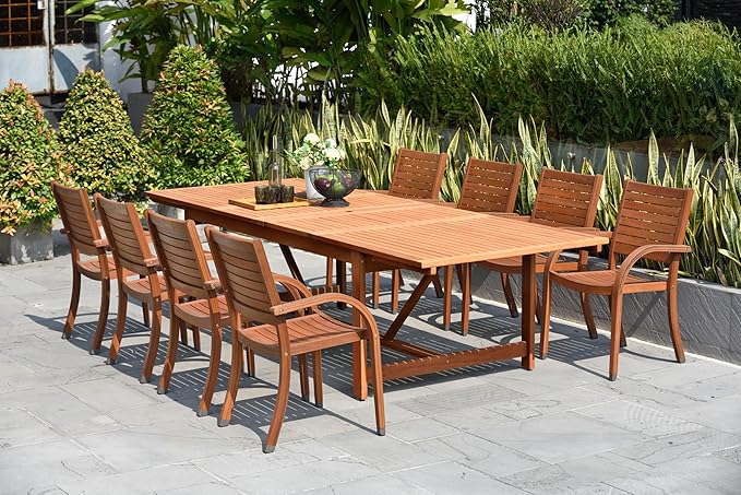 Amazonia Arizona 9-Piece Patio Rectangular Extendable Dining Table Set | Eucalyptus Wood | Ideal for Outdoors and Indoors