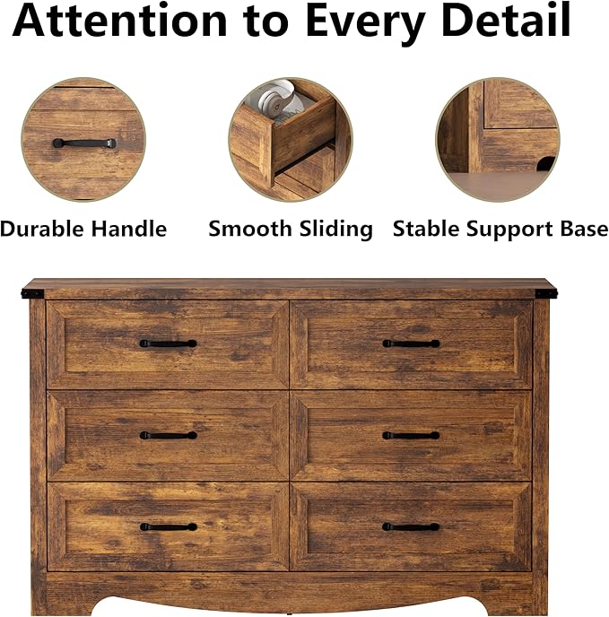 6-Drawer Dresser for Bedroom – 47" Wide Modern Wooden Chest with Natural Wood Texture, TV Stand & Storage, Metal Corner Brackets, Wood Drawer Organizer for Living Room, Hallway