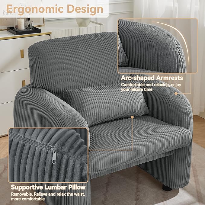 Corduroy Fabric Accent Chairs Set of 2, Modern Upholstered Living Room Chairs with Lumbar Pillow, Wide Comfy Leisure Armchair for Bedroom, Office, Reading, Grey