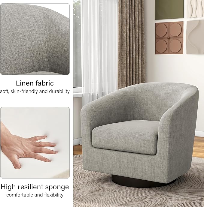 Swivel Barrel Accent Chair Set of 2, Modern Round Linen Arm Chair for Living Room, Bedroom, Comfy Club Reading Chairs for Adults, Linen Fabric-Khaki, 2 SEAT