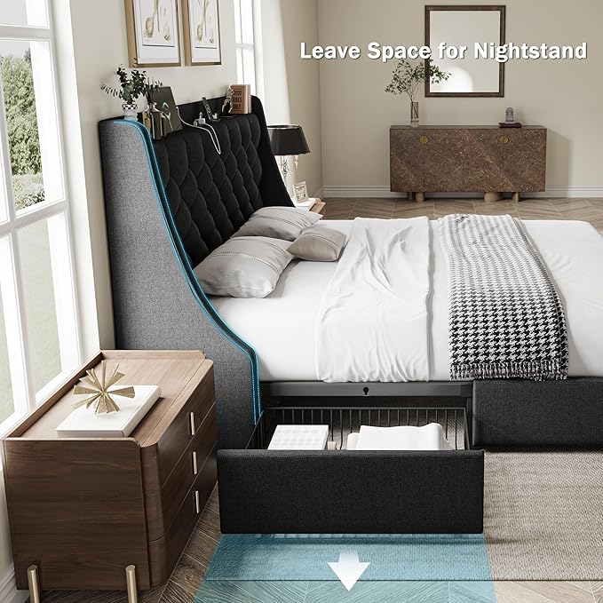 King Size Bed Frame with 4 Storage Drawers, Giant Upholstered Wingback Headboard, Fast Charging Station, No Box Spring Needed, Noise-Free, Black