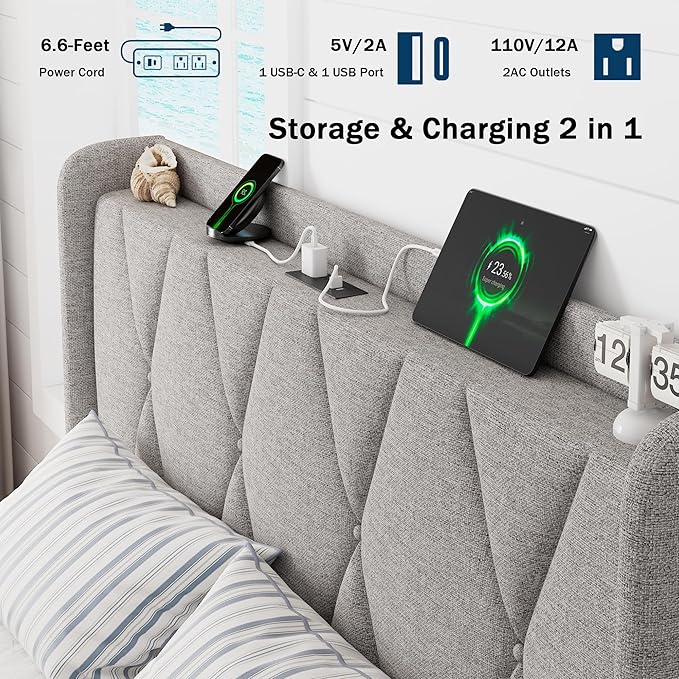 Full Size Bed Frame with 4 Storage Drawers, Upholstered Platform Bed with Charging Station, Modern Wingback Storage Headboard, Easy Assembly,Noise-Free, Light Gray