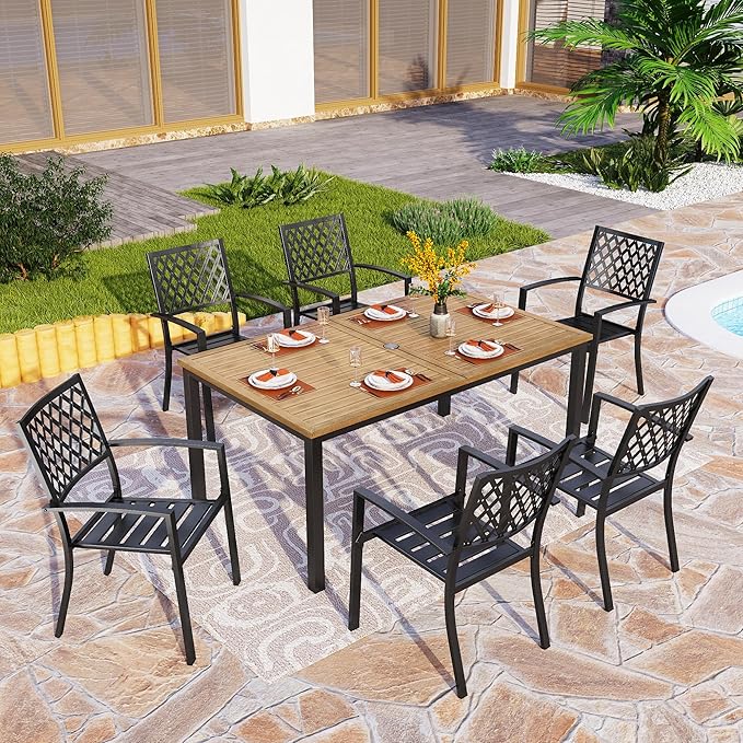 PHI VILLA Patio Dining Set Metal Table and Chairs Furniture 7 Piece, Large with Umbrella Hole 6 Backyard Garden Support 300LBS for Deck, Lawn, Garden, Black, 64'' x 38'' x 29''