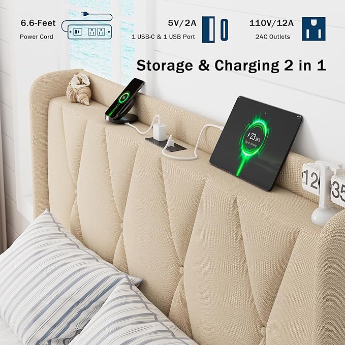Queen Bed Frame with 4 Storage Drawers, Upholstered Platform Bed with Charging Station, Modern Wingback Storage Headboard, Easy Assembly,Noise-Free, Beige