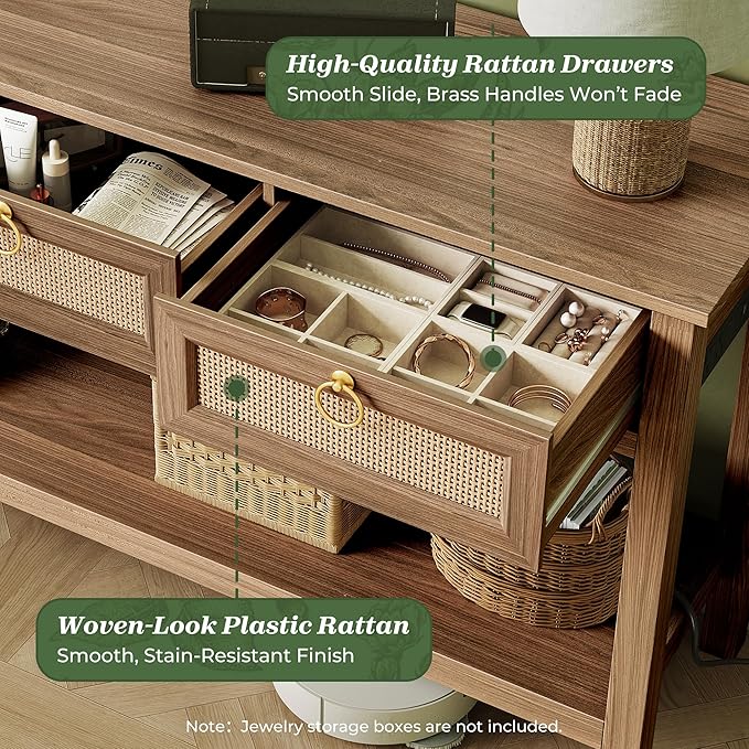 SUPERJARE Rattan Console Sofa Table with Outlets and USB-C Port, 3 Drawer Entryway Table with Synthetic Rattan Surface, Open Shelf, Behind Couch Entry Foyer Hallway Storage, Brown