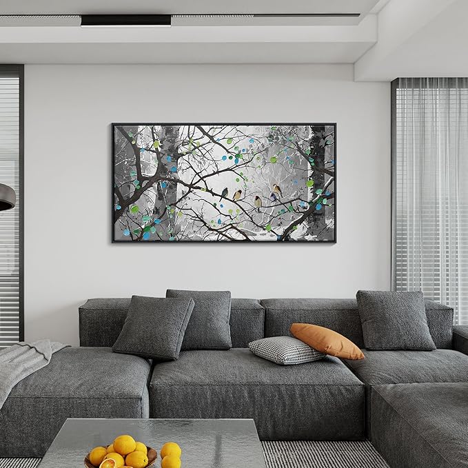 Grey Wall Art Bird on Branch Misty Forest Canvas Artwork Modern Framed Canvas Painting Decorative Wall Art Home Decor Can Be Hung Directly Dining Room Living Room Bedroom Office Size 24x48 Inches