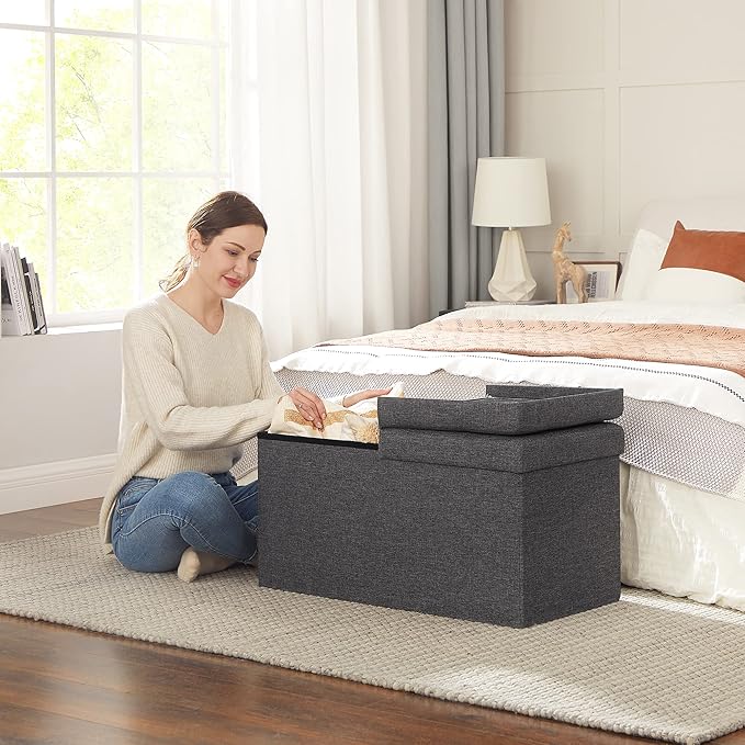 SONGMICS MAZIE Collection - 30 Inches Storage Ottoman, Foldable Storage Bench with Flipping Lid, 660 lb Load Capacity, for Entryway, Living Room, Bedroom, Dark Gray ULSF46GYZ