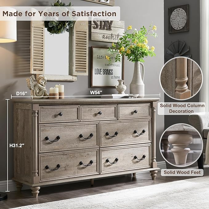 T4TREAM Farmhouse 7 Drawers Dresser Chests for Bedroom w/ 4 Solid Wood Feet & Column Decor, Tall Wide Wood Country Rustic Chest of Drawers, Storage Dressers for Bedroom, Living Room, Light Rustic Oak