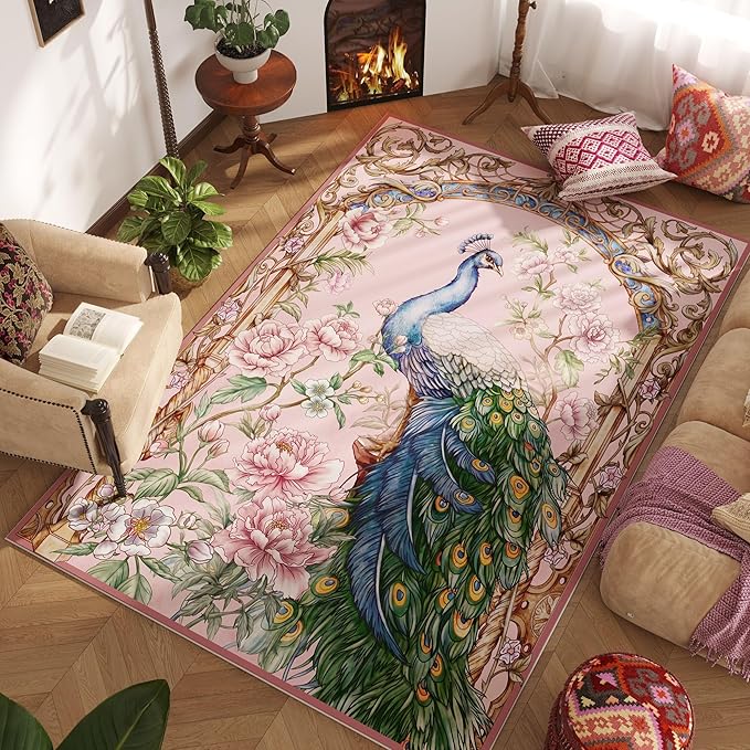 Area Rugs 8x10 Rug for Living Room Clearance Washable Floral Peacock Non Slip Vintage Low Pile Large Rug for Living Room, Bedroom, Farmhouse, Dining Room, Kids Playroom(Pink)