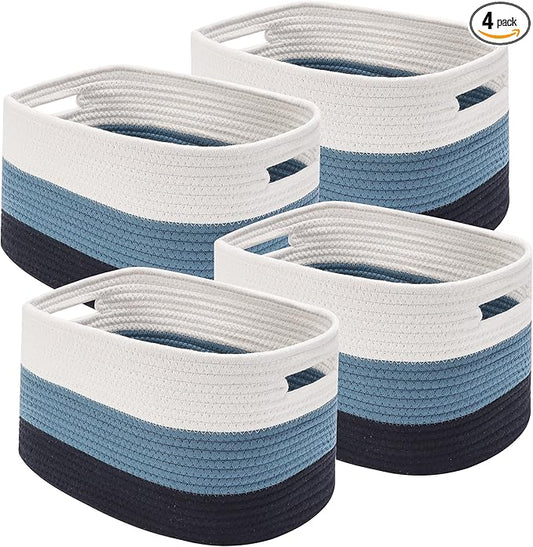 4 Pack Woven Storage Baskets for Organizing - Cotton Rope Baskets for Closet, Toys, Books, Towels, Durable Storage Bins for Shelves, Living Room, Bedroom, 14.76''Lx9.84''Wx8.86''H (Blue, 13")
