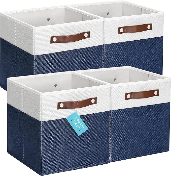 OrganiHaus 11x11 Fabric Cubes Storage Bins Set of 4, Foldable Collapsible Fabric Storage Bins for Organizer, Cubbies Organizer for Kallax, Linen Cube Shelf Baskets, Toy Organizing boxes - Navy Blue