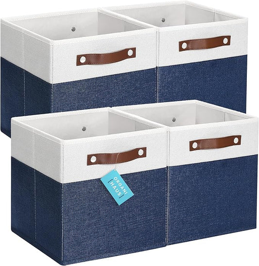OrganiHaus 11x11 Fabric Cubes Storage Bins Set of 4, Foldable Collapsible Fabric Storage Bins for Organizer, Cubbies Organizer for Kallax, Linen Cube Shelf Baskets, Toy Organizing boxes - Navy Blue