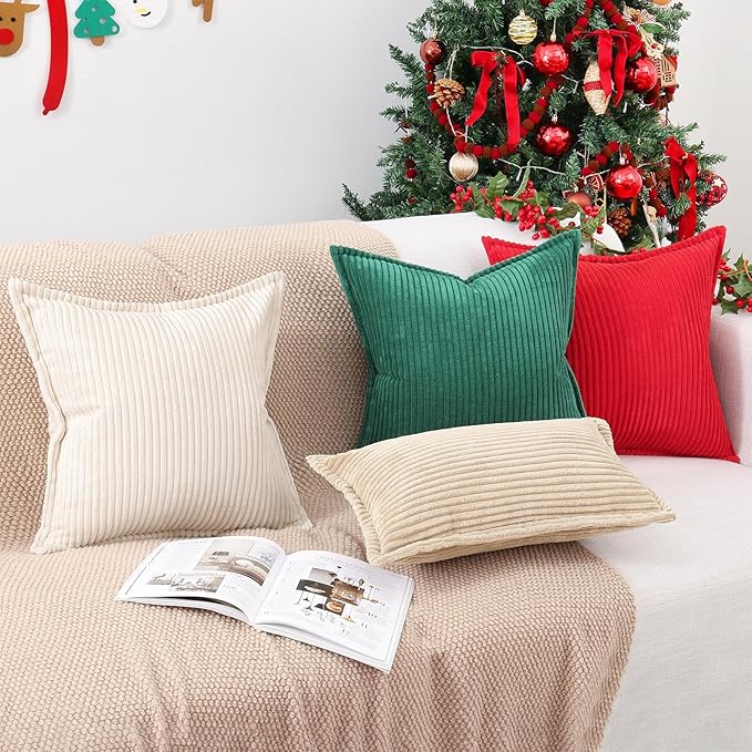 Mecatny Corduroy Throw Pillow Covers 12x20 Set of 2, Neutral Decorative Soft Boho Lumbar Couch Pillow Covers with Broadside for Sofa Living Room, Green