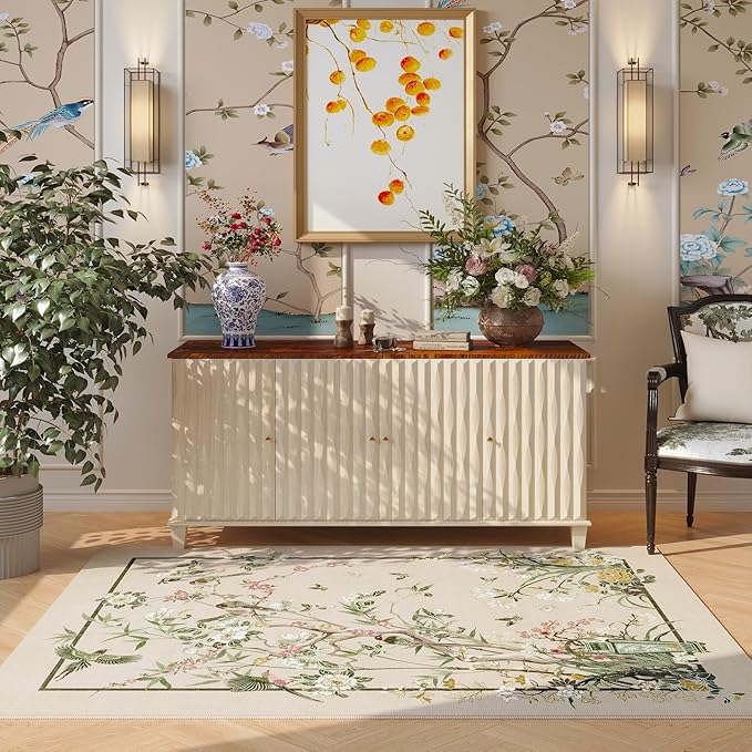 3x5 Washable Rug Chinoiserie-Style Floral Vintage Area Rug Non Slip Low Pile Small Carpet for Bedroom, Bedside, Kitchen, Entryway, Kids Room, Office, Beige