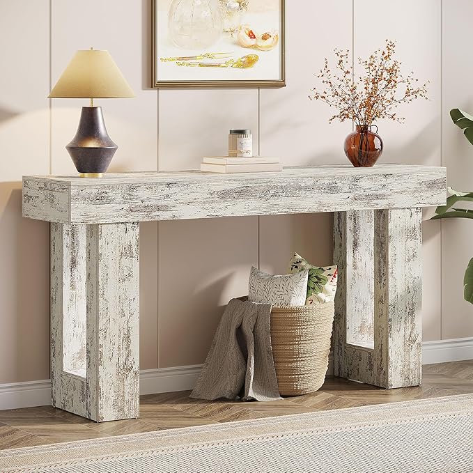 Tribesigns 63-Inch Long Console Table, Wooden Rectangular Sofa Table Behind The Couch, Farmhouse Entryway Table for Entrance, Hallway, Living Room (Distressed White)