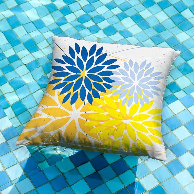DFXSZ Outdoor Pillow Covers 16x16 Inch Set of 2 Yellow Blue Flower Decorative Waterproof Spring Summer Outdoor Pillow Covers for Patio Funiture Garden Couch 168E16