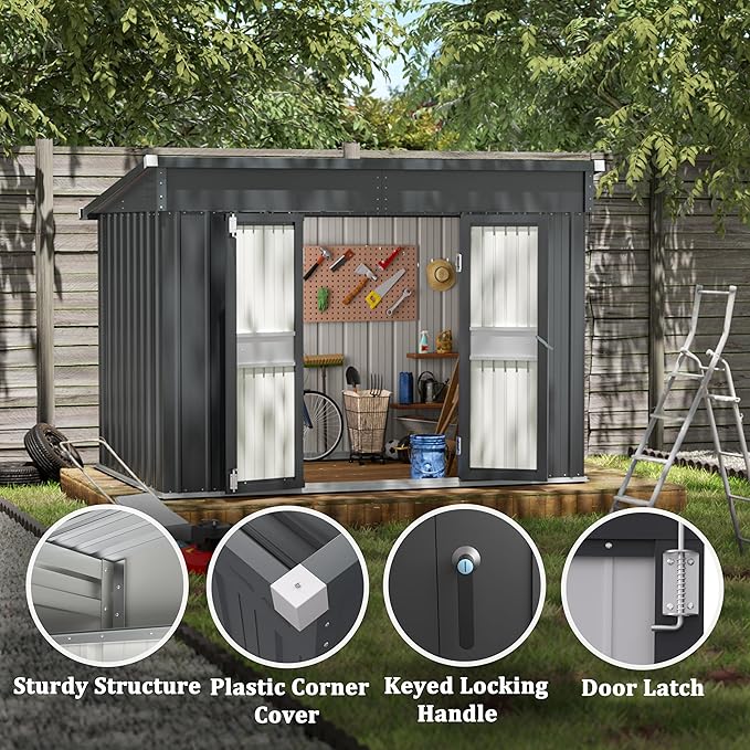 MUPATER 6 x 10 ft Outdoor Storage Shed,Galvanized Metal Shed Storage House with Lockable Door and Vents for Garden,Patio, Backyard, Grey