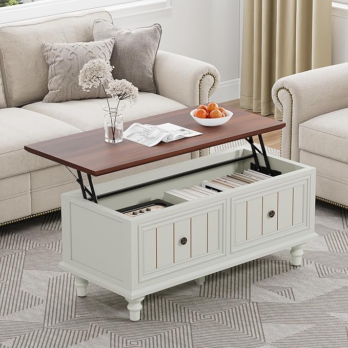 39" Lift Top Coffee Table for Hidden Compartment, Wood Coffee Tables with Shelf, Farmhouse Rectangular Center Table Dining Table for Living Room Home Office Small Space (Beige)