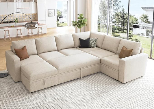 HONBAY Modular Sectional Sleeper Sofa with Pull Out Bed, U Shaped Sectional Couch with Storage Ottoman, Sleeper Sectional Couches for Living Room, Beige