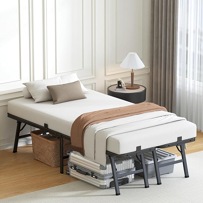 18 Inch Twin Metal Bed Frame Folding Bed Frame Tool-Free Assembly Mattress Foundation No Box Spring Needed Platform 2500lbs Heavy Duty Steel Slats, Noise-Free, Easy Assembly, Black