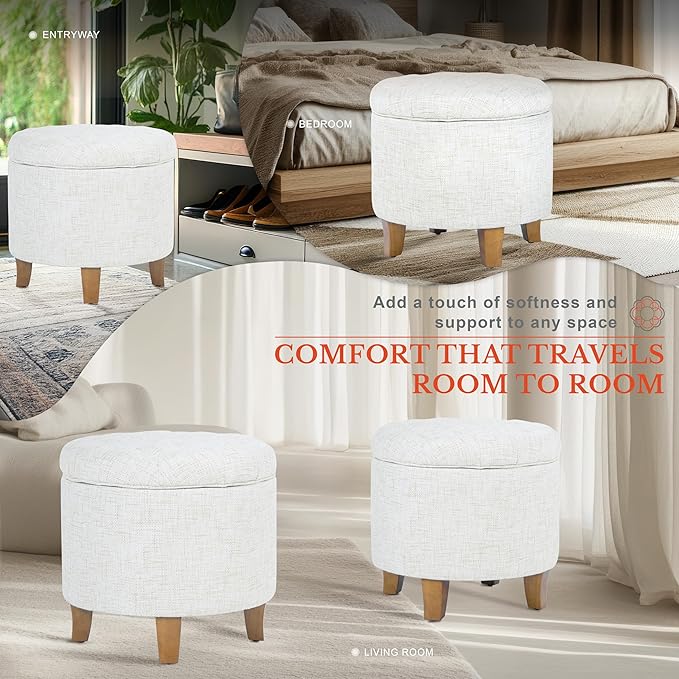HomePop Home Decor | Upholstered Round Tufted Foot Rest Ottoman | Ottoman with Storage for Living Room & Bedroom | Decorative Home Furniture, Cream Textured Solid