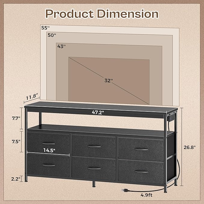 Huuger LED TV Stand for Bedroom, 47 Inch Dresser TV Stand for 43, 50, 55 Inch TV, Black TV Stand with Storage, Entertainment Center with Power Outlets, 6 Drawer Fabric Dresser for Living Room