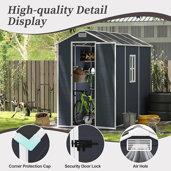 8x4 FT Outdoor Storage Resin Shed with Floor,Waterproof Plastic Garden Bike Shed with Lockable Door, Sloped Roof, Vents & Windows, Easy Assembly Tool Shed for Lawn, Backyard, Patio, Black