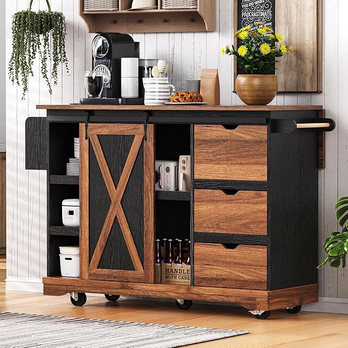 55.5" Farmhouse Kitchen Island Storage Cart with Drop Leaf, Sliding Barn Door, Power Outlet, Spice Rack & 3 Drawers, Rolling Kitchen Cart on Wheels for Kitchen, Dining Room, Black