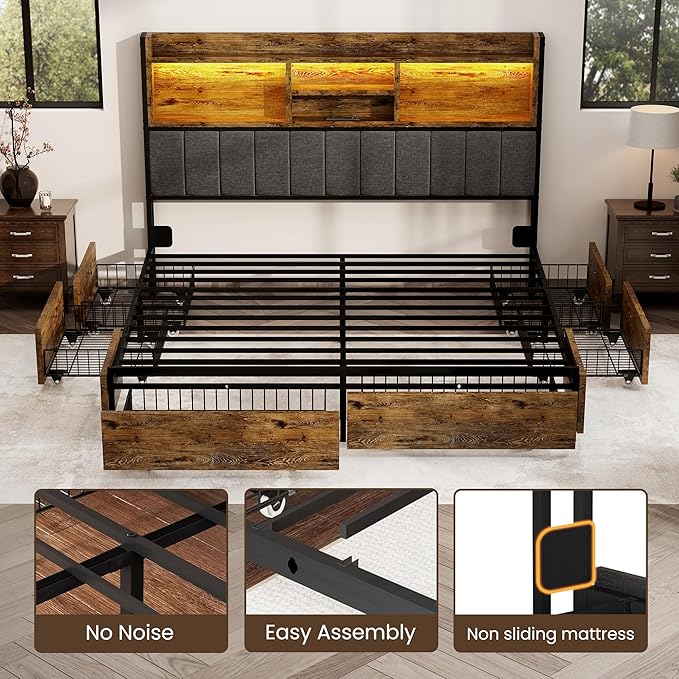 King Bed Frame with 6 Storage Drawers, Linen Upholstered Headboard, Built-in USB Charging Station & LED Lighting, Silent Metal Support, No Box Spring Needed, Vintage Brown