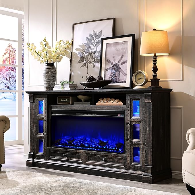 OKD Fireplace TV Stand for up-to-80 TV, Farmhouse 36" Tall Entertainment Center with 42" Electric Fireplace, Media Console with Glass Door Cabinets & Drawers for Living Room, Dark Rustic Oak