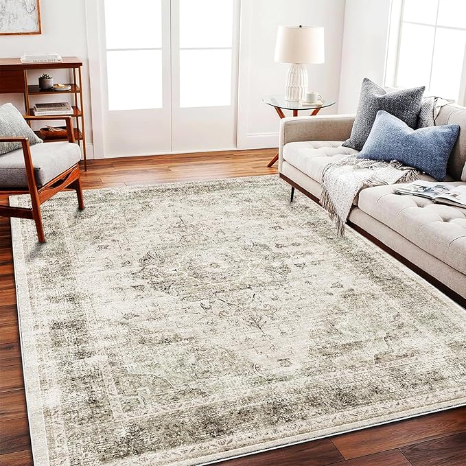 Area Rug 6'x9' Washable Vintage Floral Khaki Traditional Floor Cover Thin Retro Kitchen Indoor Distressed Non Slip Carpet for Living Room Bedroom Dining Room