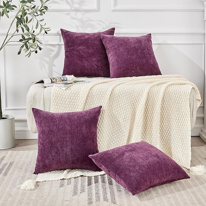 GAWAMAY Decorative Square Throw Pillow Covers 18"x18" Inch Set of 4, Super Soft Chenille Pillows Farmhouse Fall Pillowcase for Living Room Bedroom Sofa Couch Cushion Cover Purple 45x45cm (No Insert)