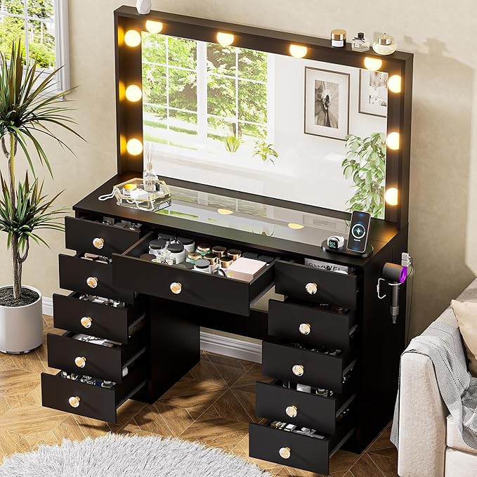 43.3" Vanity with Large Mirror and 10 LED Lights, Vanity Desk with Glasstop, 11 Drawers with Crystal Handles, Dressing Table with Power Outlet as Gift for Women, Girls (Black)