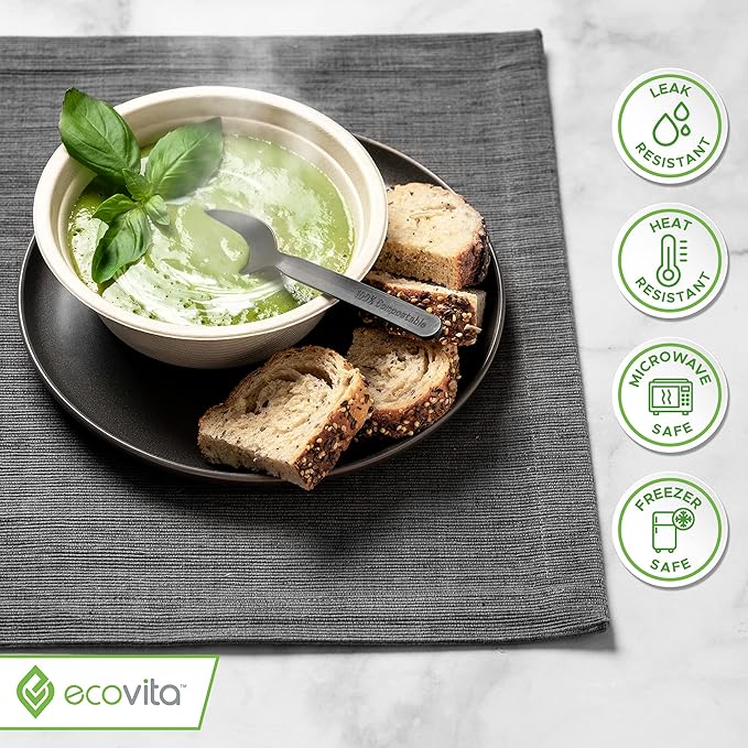 Ecovita 100% Compostable Paper Bowls [16 oz.] – 150 Disposable Bowls Eco Friendly Sturdy Tree Free Liquid and Heat Resistant Alternative to Plastic or Paper Bowls
