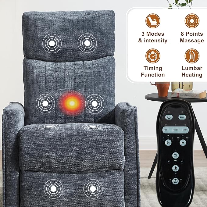 Manual Swivel Rocker Recliner Chair for Adults, Overstuffed Recliner Glider with Massage and Heat, Living Room Reclining Chair, Fabric Blue