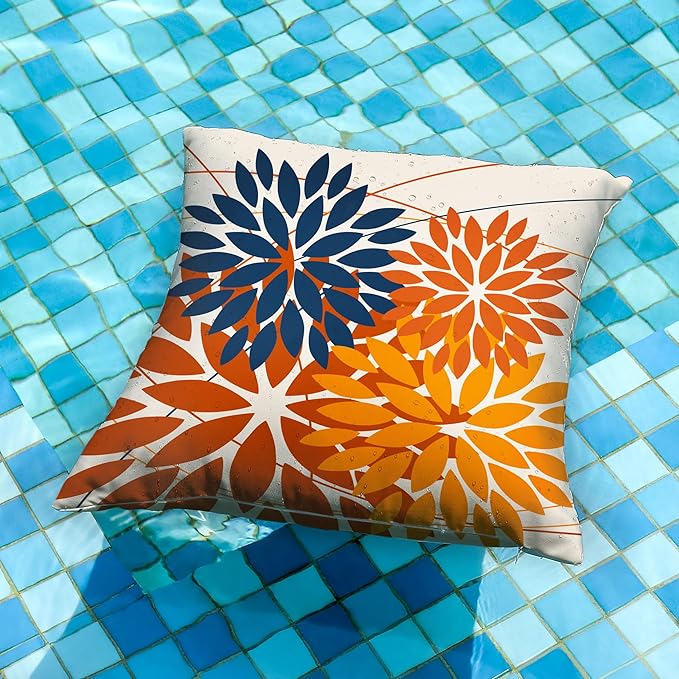 DFXSZ Outdoor Pillow Covers 20x20 Inch Set of 2 Blue Orange Flower Decorative Waterproof Summer Outdoor Fall Pillow Covers for Patio Funiture Garden Couch 168N20