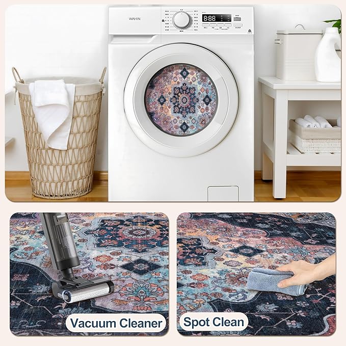 Tangsoo 2.6x8 Washable Runner Rug for Hallways, Non Slip Vintage Runner, Soft Low Pile Long Rug Runner, Print Distressed Navy Carpet Runners for Kitchen Bedroom Entryway Bathroom Living Room