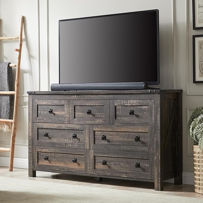 RedLemon Farmhouse 7 Drawer Dresser for Bedroom, 54 Inch Wide Rustic Wood Dresser TV Stand, Chest of Drawers for Closet, Living Room, Hallway, Dark Rustic Oak