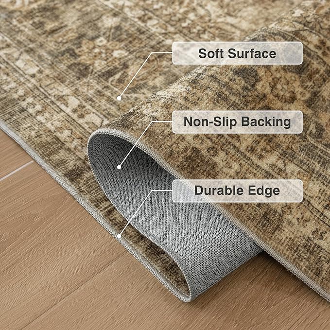FMFUNCTEX 4x6 Washable Area Rug Neutral Vintage Brown Non Slip Low Pile Traditional Indoor Carpet for Entryway Living Room Bedroom Soft Retro Floral Mat Throw Rug for Dining Office Kitchen Entryway