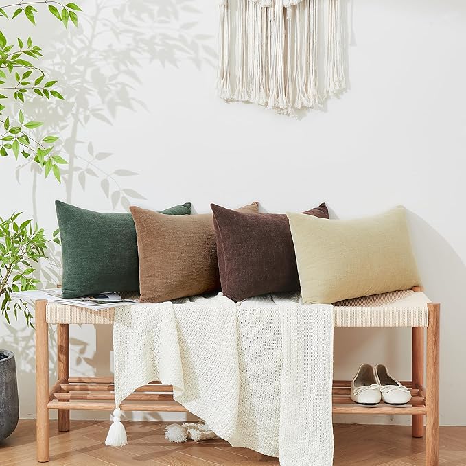 GAWAMAY Lumbar Decorative Throw Pillow Covers 12"x20" Inch Set of 2, Super Soft Chenille Rectangle Pillowcase for Living Room Bedroom Sofa Couch Cushion Support Pillow Cover 30x50cm Khaki (No Insert)