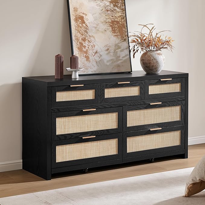 SICOTAS 7 Drawer Dresser for Bedroom, 57" Wide Rattan Dressers, Large Chest of Drawers for Bedroom, Dresser TV Stand, Boho Closet Organizer (Black Oak, 7 Drawers (1 pc))