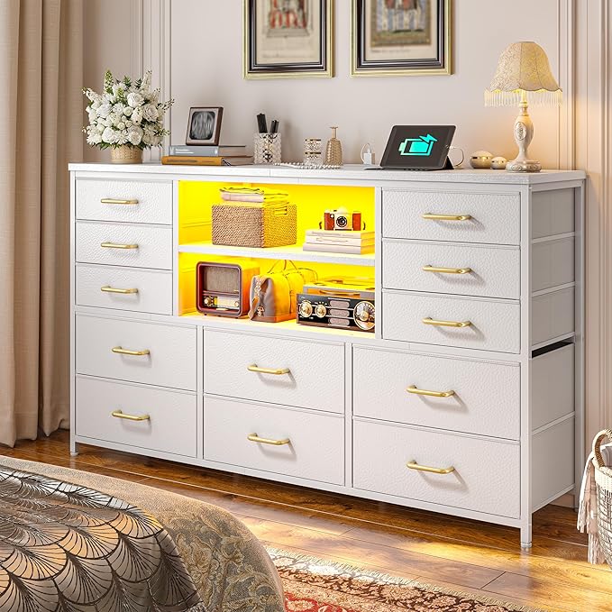 White TV Stand with 12 Fabric Drawers for 55 inch TV, Entertainment Center with Charging Station & LED Lights, TV Media Console Table with 2 Open Storage Shelves for Living Room, Dorms, Wood Top